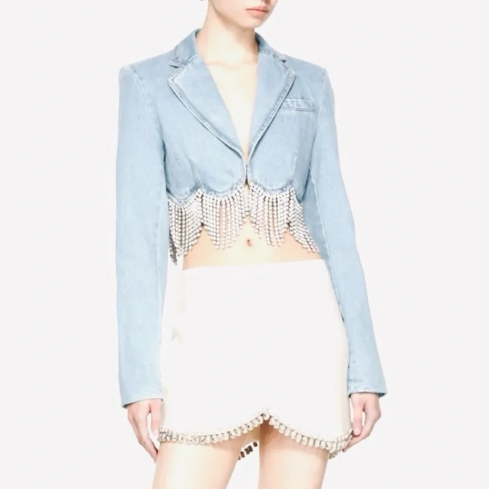 ⚡️⚡️AREA Scalloped Embellished Cropped Denim Jacket in Pale Blue, Size 4,NWT - Picture 9 of 17